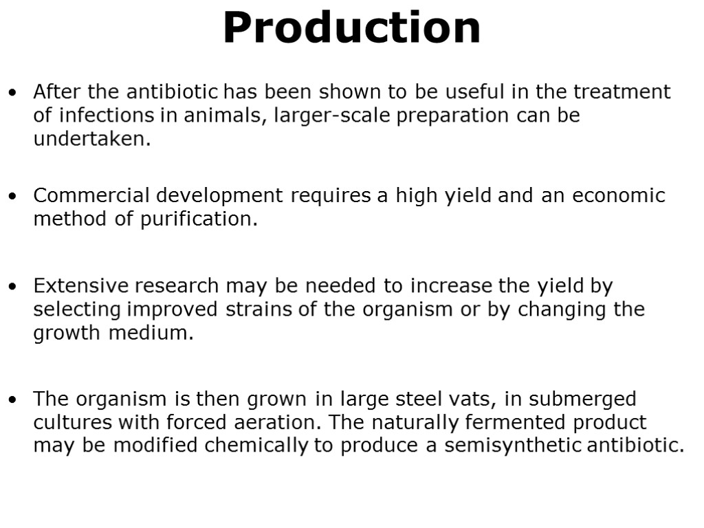 Production After the antibiotic has been shown to be useful in the treatment of